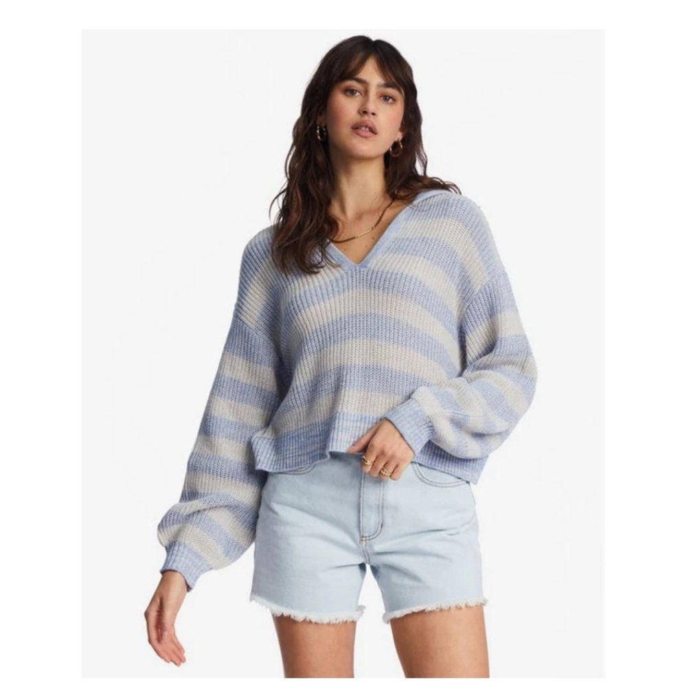 Billabong | Striped Blue Knit V-Neck Sweater With Hood | Size Small